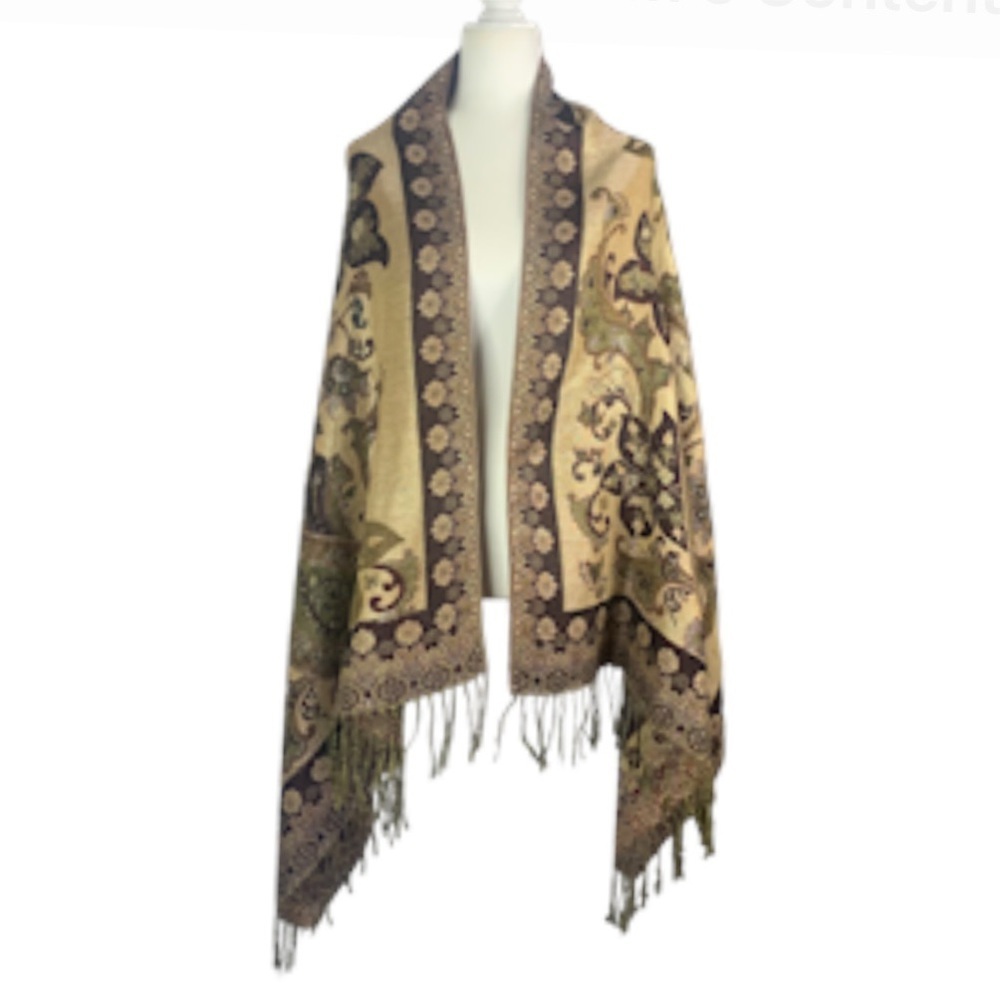 Pashmina Shawl Boho Metallic Thread Fringe Cashmere Silk